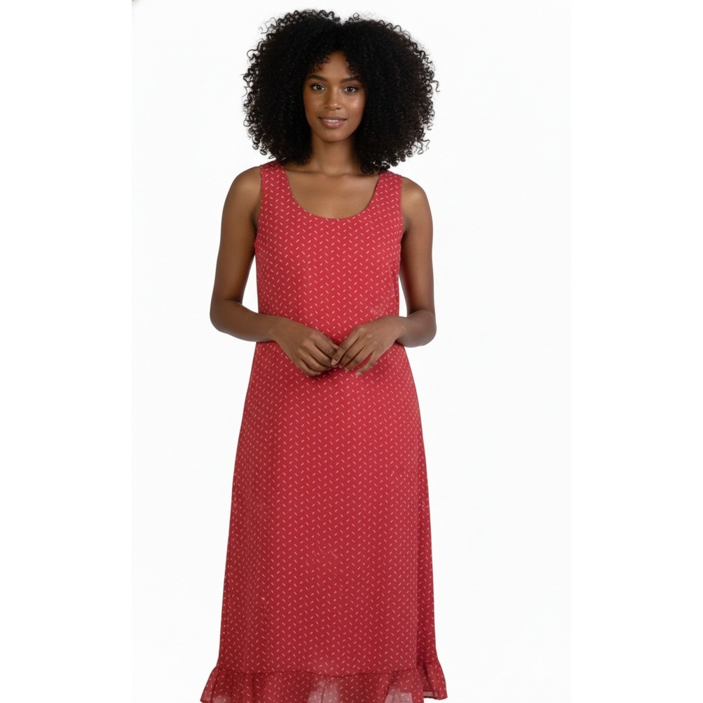 Jessica London Dress Womens 16WP Red Geometric Dash Ruffle Hem Sleeveless Midi